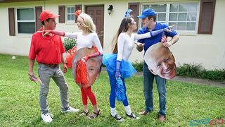 Teenage girls swap and fuck Daddy dick for red-blue voice