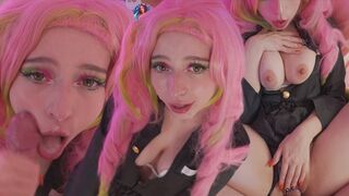 Mitsuri v Kanroji cosplay si užíva diery vo vtákovi a dostane obrovský výstrel do tváre